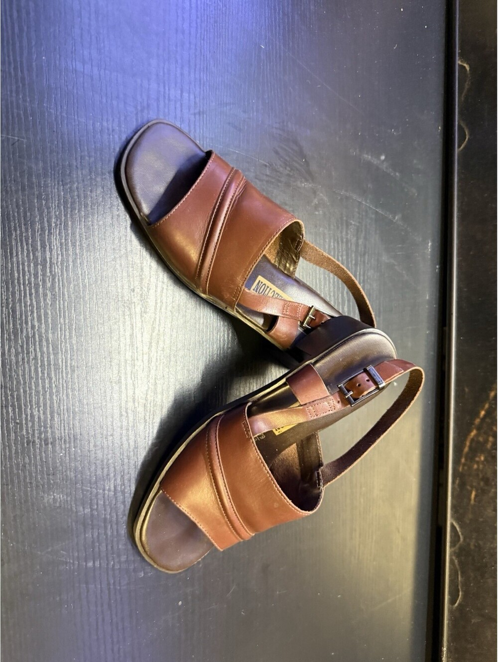 Y2K Minimalist Brown Leather Slingback Sandals Block Heel Womens 6.5 Made Brazil